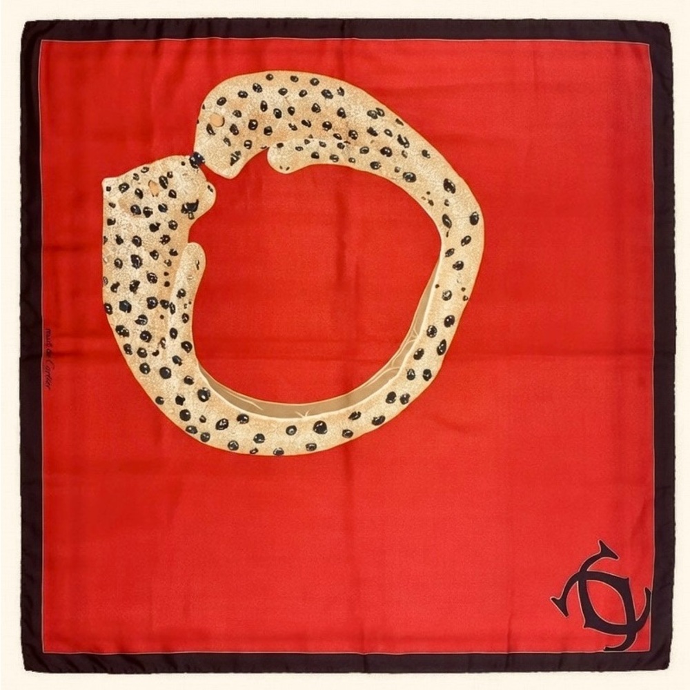 Vintage Cartier Red Panther Silk Scarf 100% Silk Paris Luxury Designer Carré